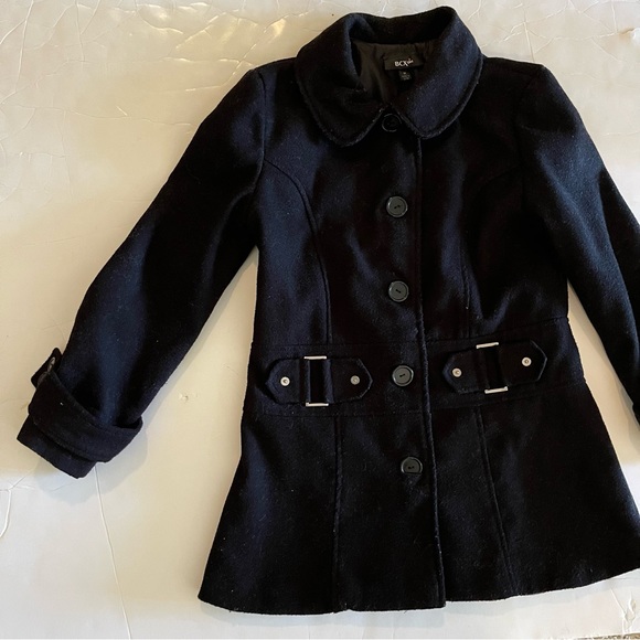 Black Button-front Felt Satin Lined Girls Midi Jacket - Picture 1 of 9